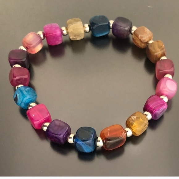 Multi Color Agate Bracelet, Cube Beads, Stretchable Bracelet - Picture 3 of 3